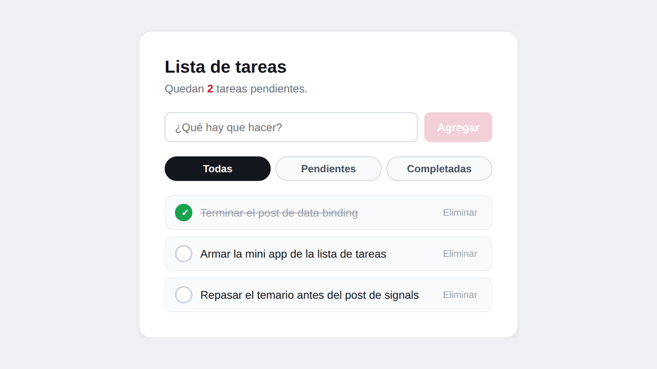 Lista de tareas recién cargada, con tres tareas de ejemplo y el filtro Todas activo