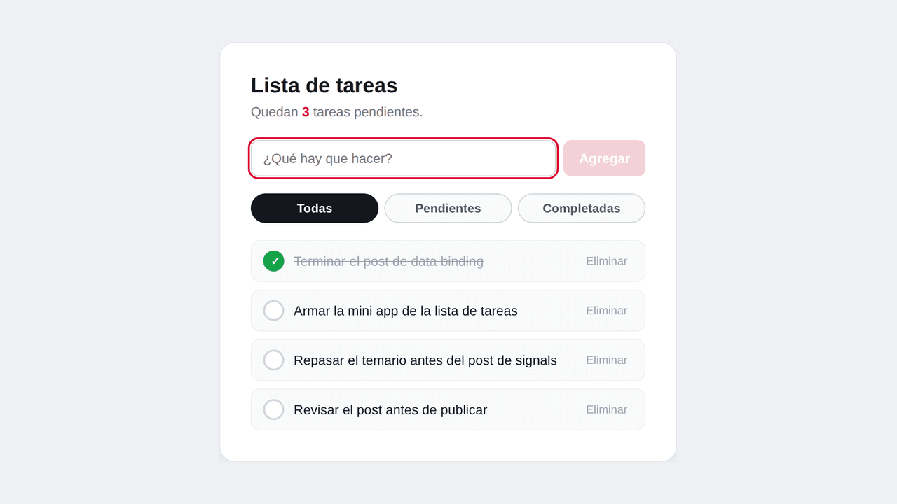 Una cuarta tarea agregada a la lista después de escribir en el input y apretar Enter