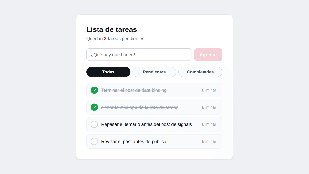 Una tarea marcada como completada, con el texto tachado y el contador de pendientes actualizado