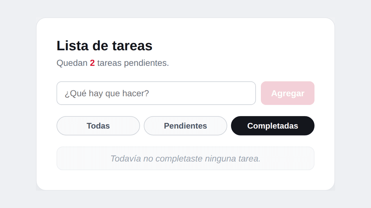 El filtro de completadas sin ninguna tarea que mostrar, con el mensaje del bloque @empty correspondiente a ese caso