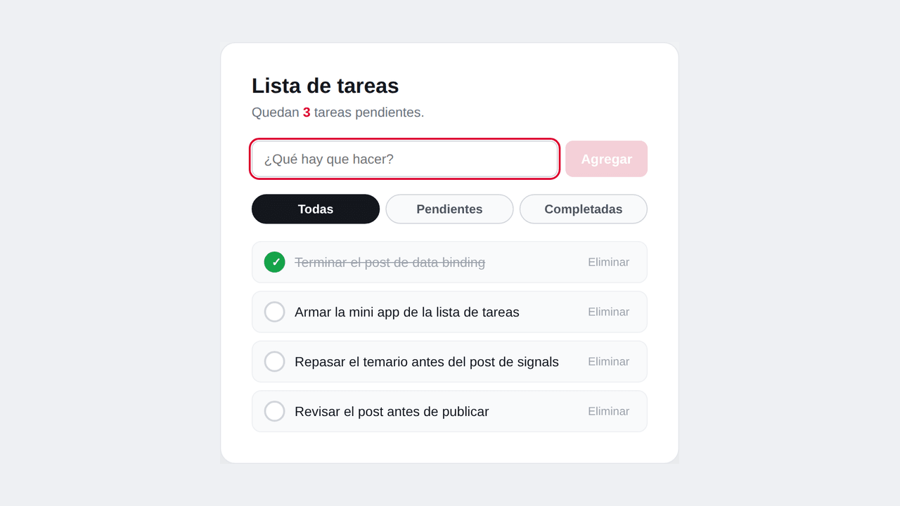 Una cuarta tarea agregada a la lista después de escribir en el input y apretar Enter
