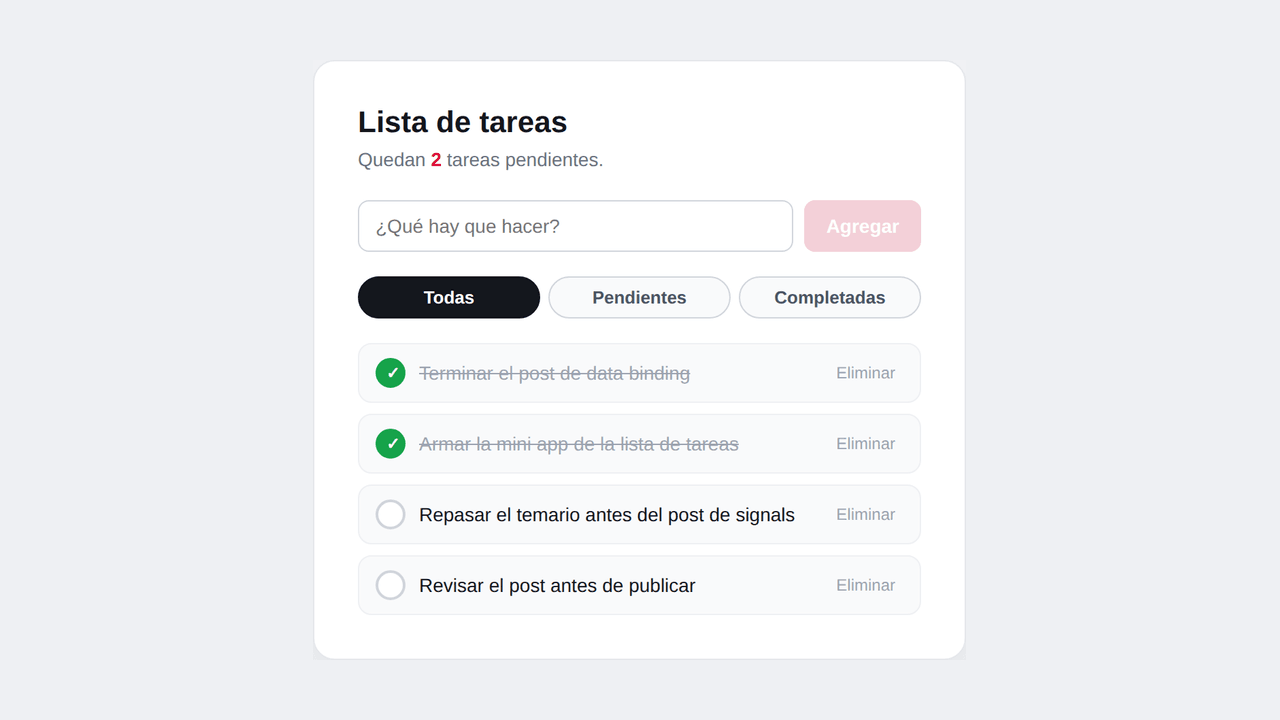 Una tarea marcada como completada, con el texto tachado y el contador de pendientes actualizado