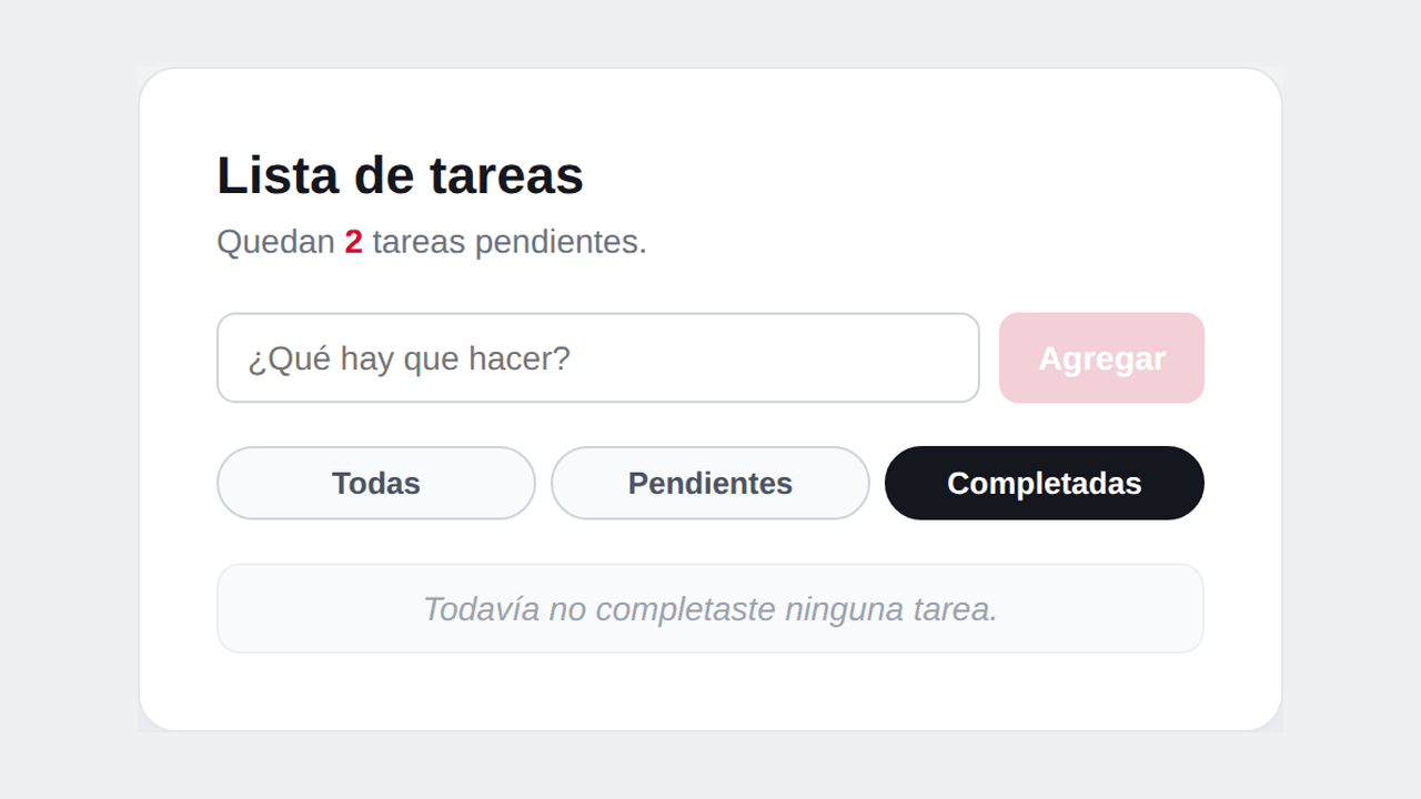 El filtro de completadas sin ninguna tarea que mostrar, con el mensaje del bloque @empty correspondiente a ese caso